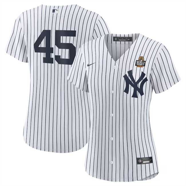 Women%27s New York Yankees #45 Gerrit Cole White 2024 World Series Cool Base Stitched Jersey Dzhi